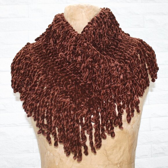 HAND CRAFTED Scarf Infinity Chenille Turtleneck Fringe Wrap Oversized Brown - Picture 1 of 13